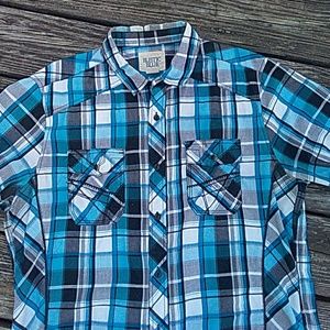 Rustic Blue Shirts - Plaid short sleeve button down shirt Rustic Blue Shirts - Plaid short sleeve button down shirt